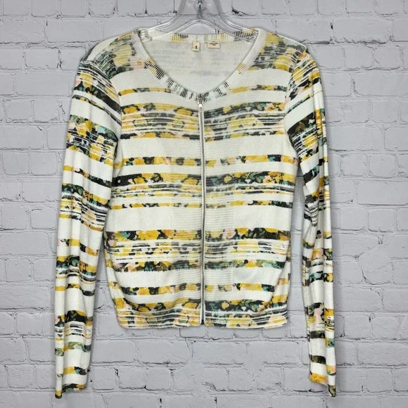 Anthropologie Moth Array Floral Striped Zip Front Knit Cardigan Sweater - Picture 2 of 5